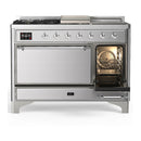 ILVE Majestic III 48-inch Dual Fuel Range with 5 Natural Gas Burner, Griddle, French Top and Solid Door Electric Oven in Stainless Steel with Chrome Trim (UM48FSQNR3SSC)