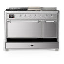 ILVE Majestic III 48-inch Dual Fuel Range with 5 Natural Gas Burner, Griddle, French Top and Solid Door Electric Oven in Stainless Steel with Chrome Trim (UM48FSQNR3SSC)