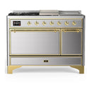 ILVE Majestic III 48-inch Dual Fuel Range with 5 Natural Gas Burner, Griddle, French Top and Solid Door Electric Oven in Stainless Steel with Brass Trim (UM48FSQNR3SSG)