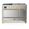 ILVE Majestic III 48-inch Dual Fuel Range with 5 Liquid Propane Burner, Griddle, French Top and Solid Door Electric Oven in Stainless Steel with Brass Trim (UM48FSQNR3SSGLP)