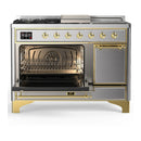 ILVE Majestic III 48-inch Dual Fuel Range with 5 Natural Gas Burner, Griddle, French Top and Solid Door Electric Oven in Stainless Steel with Brass Trim (UM48FSQNR3SSG)