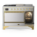 ILVE Majestic III 48-inch Dual Fuel Range with 5 Natural Gas Burner, Griddle, French Top and Solid Door Electric Oven in Stainless Steel with Brass Trim (UM48FSQNR3SSG)
