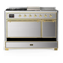 ILVE Majestic III 48-inch Dual Fuel Range with 5 Natural Gas Burner, Griddle, French Top and Solid Door Electric Oven in Stainless Steel with Brass Trim (UM48FSQNR3SSG)