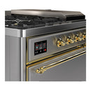 ILVE Majestic III 48-inch Dual Fuel Range with 5 Natural Gas Burner, Griddle, French Top and Solid Door Electric Oven in Stainless Steel with Brass Trim (UM48FSQNR3SSG)