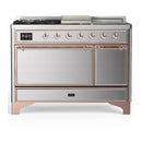 ILVE Majestic III 48-inch Dual Fuel Range with 5 Natural Gas Burner, Griddle, French Top and Solid Door Electric Oven in Stainless Steel with Copper Trim (UM48FSQNR3SSP)