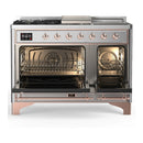 ILVE Majestic III 48-inch Dual Fuel Range with 5 Liquid Propane Burner, Griddle, French Top and Solid Door Electric Oven in Stainless Steel with Copper Trim (UM48FSQNR3SSPLP)
