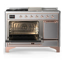 ILVE Majestic III 48-inch Dual Fuel Range with 5 Liquid Propane Burner, Griddle, French Top and Solid Door Electric Oven in Stainless Steel with Copper Trim (UM48FSQNR3SSPLP)