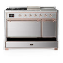 ILVE Majestic III 48-inch Dual Fuel Range with 5 Liquid Propane Burner, Griddle, French Top and Solid Door Electric Oven in Stainless Steel with Copper Trim (UM48FSQNR3SSPLP)