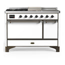 ILVE Majestic III 48-inch Dual Fuel Range with 5 Natural Gas Burner, Griddle, French Top and Solid Door Electric Oven in White with Burnished Trim (UM48FSQNR3WHB)