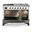 ILVE Majestic III 48-inch Dual Fuel Range with 5 Natural Gas Burner, Griddle, French Top and Solid Door Electric Oven in White with Burnished Trim (UM48FSQNR3WHB)