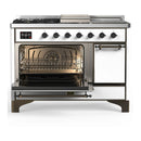 ILVE Majestic III 48-inch Dual Fuel Range with 5 Liquid Propane Burner, Griddle, French Top and Solid Door Electric Oven in White with Burnished Trim (UM48FSQNR3WHBLP)