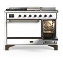 ILVE Majestic III 48-inch Dual Fuel Range with 5 Natural Gas Burner, Griddle, French Top and Solid Door Electric Oven in White with Burnished Trim (UM48FSQNR3WHB)