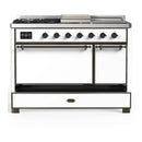 ILVE Majestic III 48-inch Dual Fuel Range with 5 Natural Gas Burner, Griddle, French Top and Solid Door Electric Oven in White with Burnished Trim (UM48FSQNR3WHB)