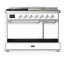 ILVE Majestic III 48-inch Dual Fuel Range with 5 Liquid Propane Burner, Griddle, French Top and Solid Door Electric Oven in White with Chrome Trim (UM48FSQNR3WHCLP)