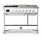 ILVE Majestic III 48-inch Dual Fuel Range with 5 Natural Gas Burner, Griddle, French Top and Solid Door Electric Oven in White with Chrome Trim (UM48FSQNR3WHC)