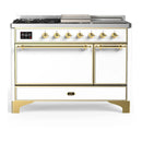 ILVE Majestic III 48-inch Dual Fuel Range with 5 Natural Gas Burner, Griddle, French Top and Solid Door Electric Oven in White with Brass Trim (UM48FSQNR3WHG)