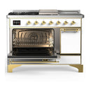 ILVE Majestic III 48-inch Dual Fuel Range with 5 Natural Gas Burner, Griddle, French Top and Solid Door Electric Oven in White with Brass Trim (UM48FSQNR3WHG)