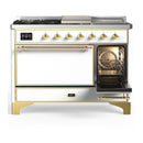 ILVE Majestic III 48-inch Dual Fuel Range with 5 Natural Gas Burner, Griddle, French Top and Solid Door Electric Oven in White with Brass Trim (UM48FSQNR3WHG)