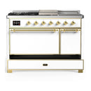 ILVE Majestic III 48-inch Dual Fuel Range with 5 Natural Gas Burner, Griddle, French Top and Solid Door Electric Oven in White with Brass Trim (UM48FSQNR3WHG)