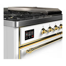 ILVE Majestic III 48-inch Dual Fuel Range with 5 Natural Gas Burner, Griddle, French Top and Solid Door Electric Oven in White with Brass Trim (UM48FSQNR3WHG)