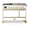 ILVE Majestic III 48-inch Dual Fuel Range with 5 Liquid Propane Burner, Griddle, French Top and Solid Door Electric Oven in White with Brass Trim (UM48FSQNR3WHGLP)