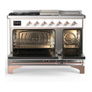 ILVE Majestic III 48-inch Dual Fuel Range with 5 Natural Gas Burner, Griddle, French Top and Solid Door Electric Oven in White with Copper Trim (UM48FSQNR3WHP)