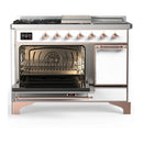 ILVE Majestic III 48-inch Dual Fuel Range with 5 Natural Gas Burner, Griddle, French Top and Solid Door Electric Oven in White with Copper Trim (UM48FSQNR3WHP)