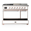 ILVE Majestic III 48-inch Dual Fuel Range with 5 Natural Gas Burner, Griddle, French Top and Solid Door Electric Oven in White with Copper Trim (UM48FSQNR3WHP)