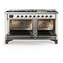 ILVE Majestic III 60-inch Dual Fuel Range with 7 Natural Gas Burner, Griddle and Triple Glass Door Electric Oven in Antique White with Burnished Trim (UM60FNR3AWB)