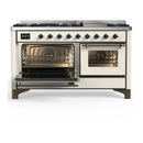 ILVE Majestic III 60-inch Dual Fuel Range with 7 Natural Gas Burner, Griddle and Triple Glass Door Electric Oven in Antique White with Burnished Trim (UM60FNR3AWB)