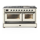 ILVE Majestic III 60-inch Dual Fuel Range with 7 Natural Gas Burner, Griddle and Triple Glass Door Electric Oven in Antique White with Burnished Trim (UM60FNR3AWB)