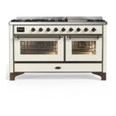 ILVE Majestic III 60-inch Dual Fuel Range with 7 Natural Gas Burner, Griddle and Triple Glass Door Electric Oven in Antique White with Burnished Trim (UM60FNR3AWB)