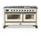 ILVE Majestic III 60-inch Dual Fuel Range with 7 Natural Gas Burner, Griddle and Triple Glass Door Electric Oven in Antique White with Burnished Trim (UM60FNR3AWB)
