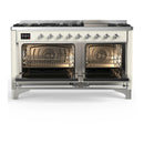 ILVE Majestic III 60-inch Dual Fuel Range with 7 Natural Gas Burner, Griddle and Triple Glass Door Electric Oven in Antique White with Chrome Trim (UM60FNR3AWC)