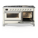 ILVE Majestic III 60-inch Dual Fuel Range with 7 Natural Gas Burner, Griddle and Triple Glass Door Electric Oven in Antique White with Chrome Trim (UM60FNR3AWC)