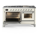 ILVE Majestic III 60-inch Dual Fuel Range with 7 Natural Gas Burner, Griddle and Triple Glass Door Electric Oven in Antique White with Chrome Trim (UM60FNR3AWC)