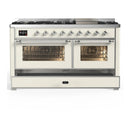 ILVE Majestic III 60-inch Dual Fuel Range with 7 Natural Gas Burner, Griddle and Triple Glass Door Electric Oven in Antique White with Chrome Trim (UM60FNR3AWC)