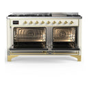ILVE Majestic III 60-inch Dual Fuel Range with 7 Natural Gas Burner, Griddle and Triple Glass Door Electric Oven in Antique White with Brass Trim (UM60FNR3AWG)