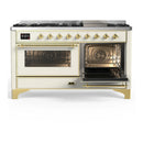 ILVE Majestic III 60-inch Dual Fuel Range with 7 Natural Gas Burner, Griddle and Triple Glass Door Electric Oven in Antique White with Brass Trim (UM60FNR3AWG)