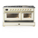 ILVE Majestic III 60-inch Dual Fuel Range with 7 Natural Gas Burner, Griddle and Triple Glass Door Electric Oven in Antique White with Brass Trim (UM60FNR3AWG)