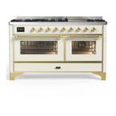 ILVE Majestic III 60-inch Dual Fuel Range with 7 Natural Gas Burner, Griddle and Triple Glass Door Electric Oven in Antique White with Brass Trim (UM60FNR3AWG)