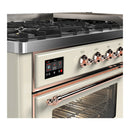 ILVE Majestic III 60-inch Dual Fuel Range with 7 Natural Gas Burner, Griddle and Triple Glass Door Electric Oven in Antique White with Copper Trim (UM60FNR3AWP)