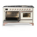 ILVE Majestic III 60-inch Dual Fuel Range with 7 Natural Gas Burner, Griddle and Triple Glass Door Electric Oven in Antique White with Copper Trim (UM60FNR3AWP)