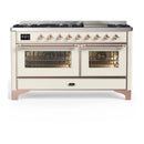 ILVE Majestic III 60-inch Dual Fuel Range with 7 Natural Gas Burner, Griddle and Triple Glass Door Electric Oven in Antique White with Copper Trim (UM60FNR3AWP)