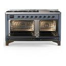 ILVE Majestic III 60-inch Dual Fuel Range with 7 Natural Gas Burner, Griddle and Triple Glass Door Electric Oven in Blue Grey with Burnished Trim (UM60FNR3BGB)