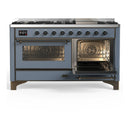 ILVE Majestic III 60-inch Dual Fuel Range with 7 Natural Gas Burner, Griddle and Triple Glass Door Electric Oven in Blue Grey with Burnished Trim (UM60FNR3BGB)