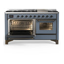 ILVE Majestic III 60-inch Dual Fuel Range with 7 Natural Gas Burner, Griddle and Triple Glass Door Electric Oven in Blue Grey with Burnished Trim (UM60FNR3BGB)