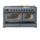 ILVE Majestic III 60-inch Dual Fuel Range with 7 Natural Gas Burner, Griddle and Triple Glass Door Electric Oven in Blue Grey with Burnished Trim (UM60FNR3BGB)