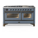 ILVE Majestic III 60-inch Dual Fuel Range with 7 Natural Gas Burner, Griddle and Triple Glass Door Electric Oven in Blue Grey with Burnished Trim (UM60FNR3BGB)
