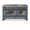 ILVE Majestic III 60-inch Dual Fuel Range with 7 Natural Gas Burner, Griddle and Triple Glass Door Electric Oven in Blue Grey with Burnished Trim (UM60FNR3BGB)